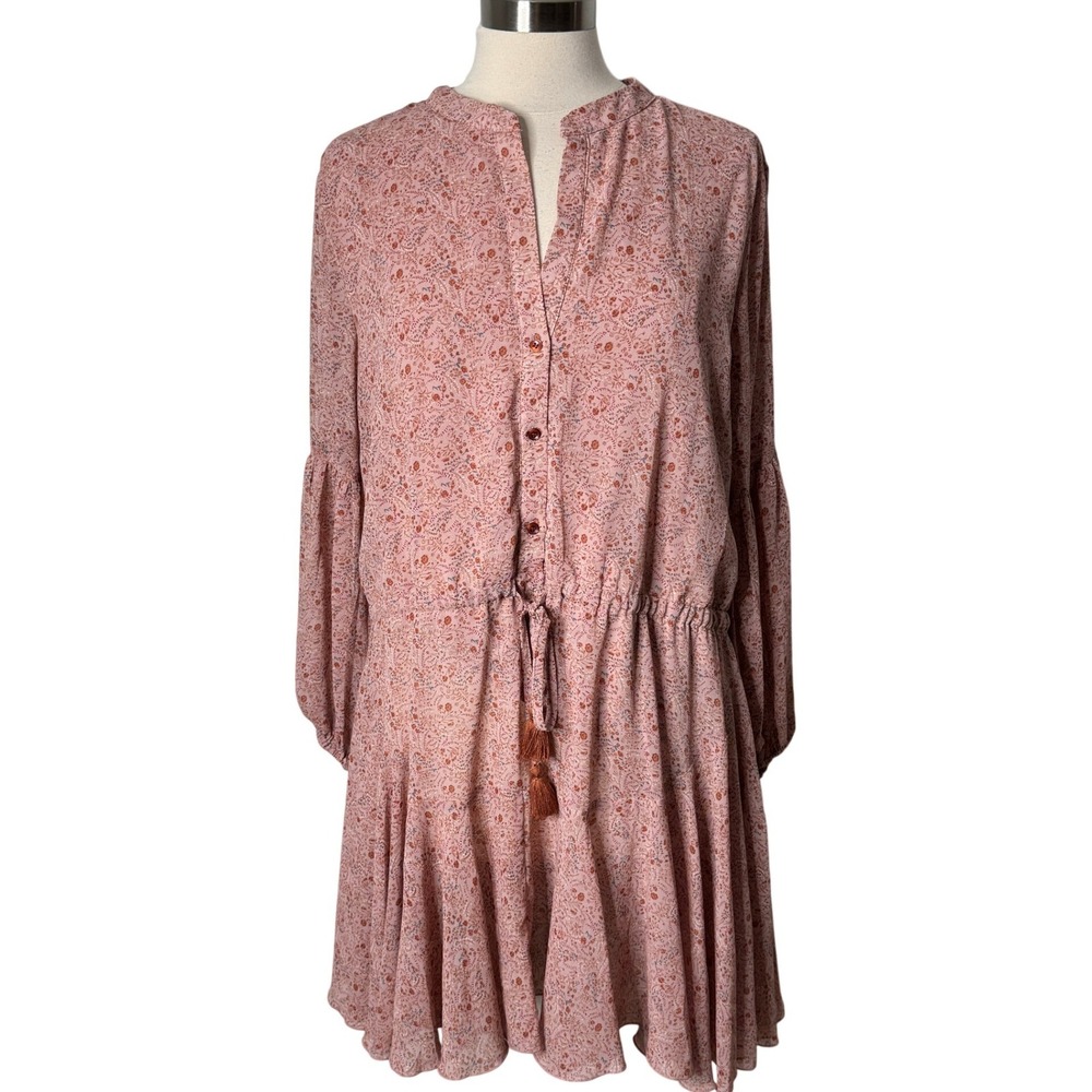 Aakaa Womens Floral Long Sleeve Mini Dress Pink Boho Tassel Waist Size Large